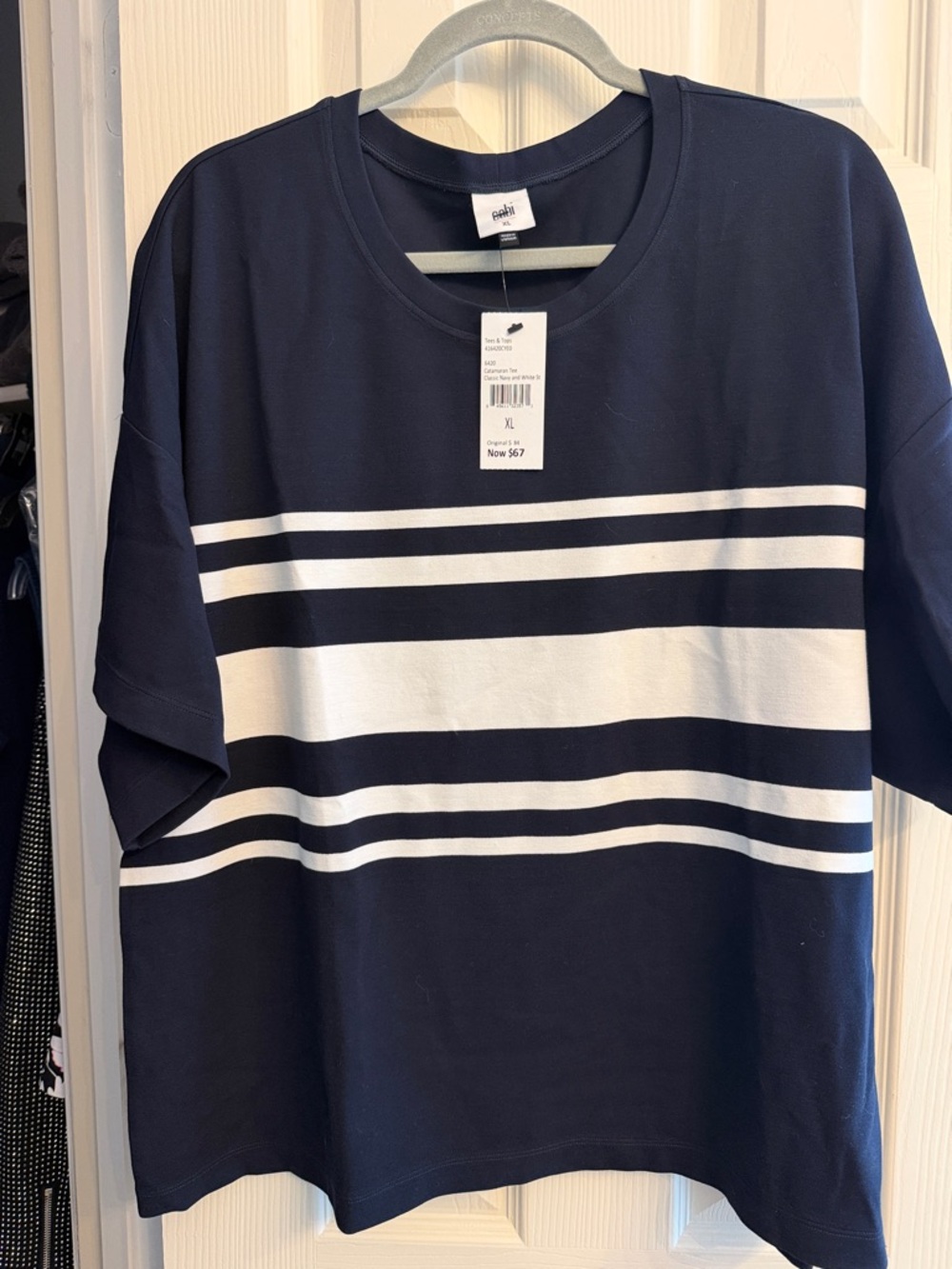 CAbi Navy and White Short Sleeve Stripe Tee